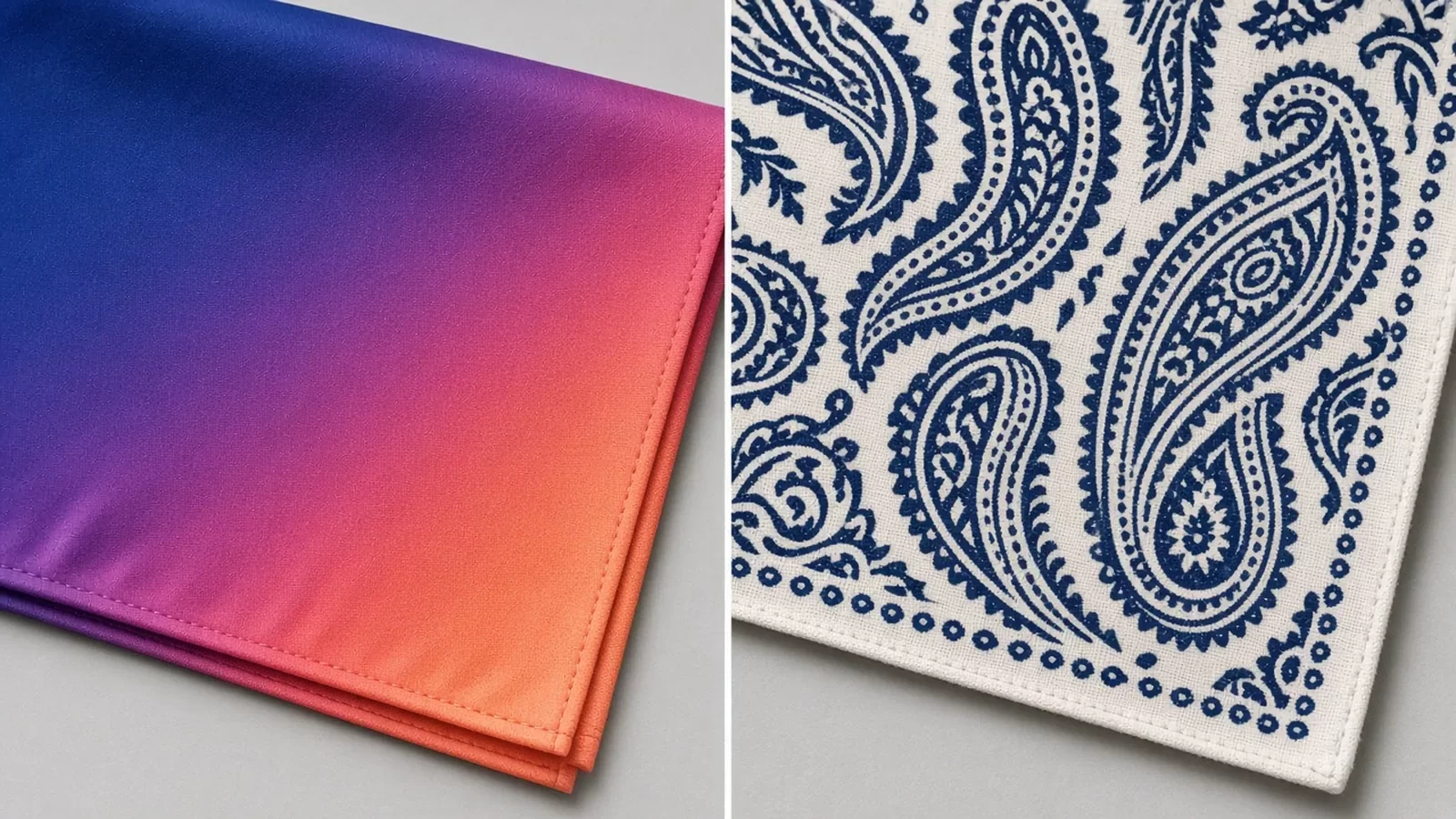 Solda degrade sublimasyon baskı, sağda serigrafi şal desenli bandana karşılaştırması